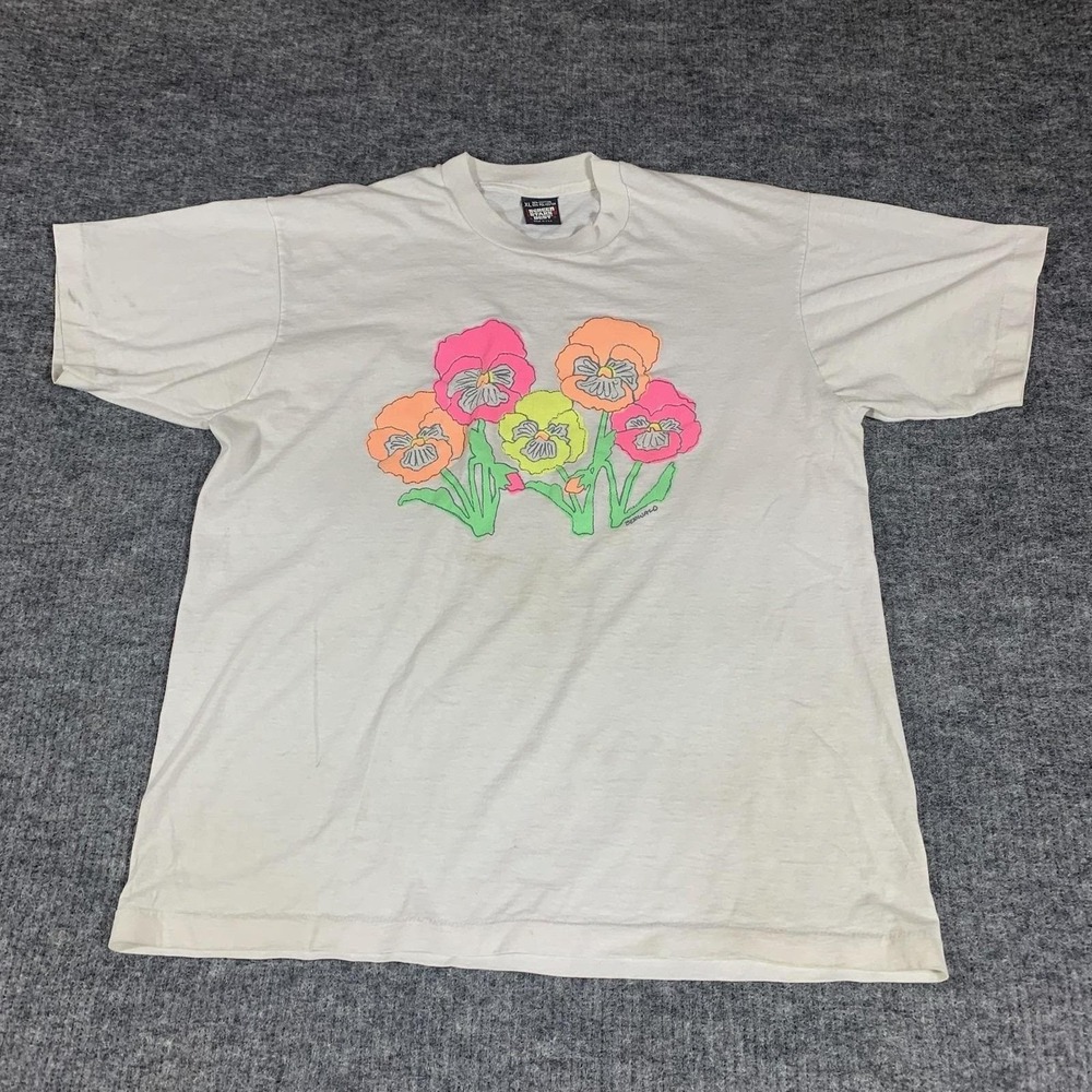 VTG Screen Stars Best Shirt Mens XL White Floral Pansy Single Stitch Art 90s